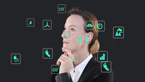 animation of multiple digital icons over thoughftul caucasian businesswoman against grey background