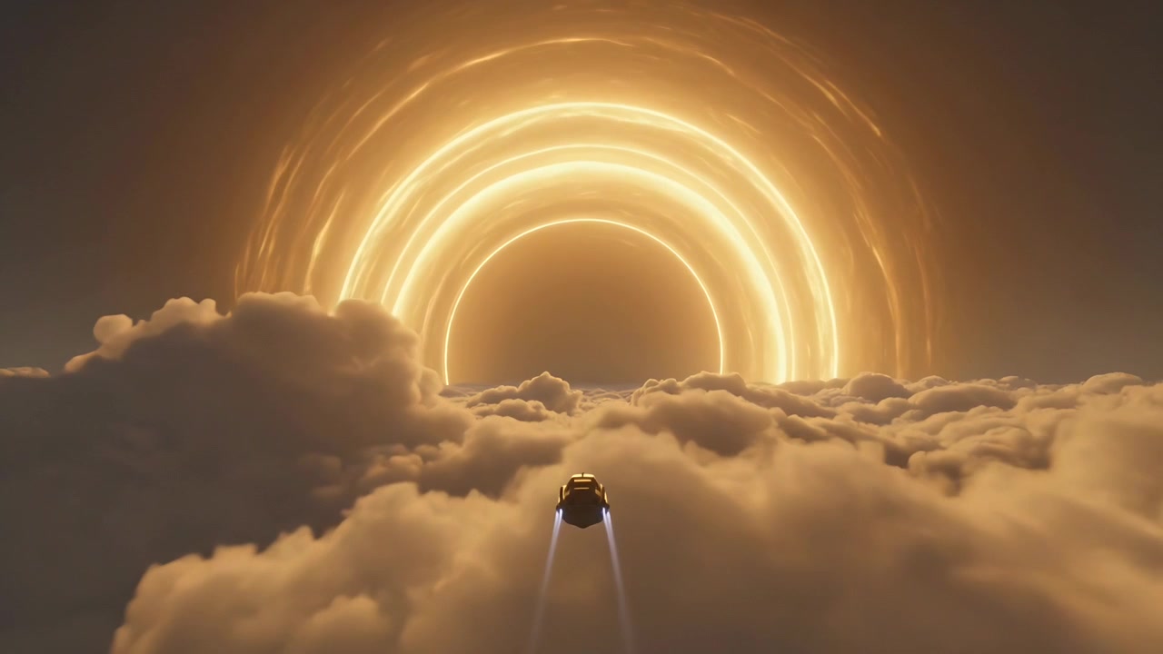 Flying car heading to glowing portal with clouds parting over gold clouds with twin blue thrusters