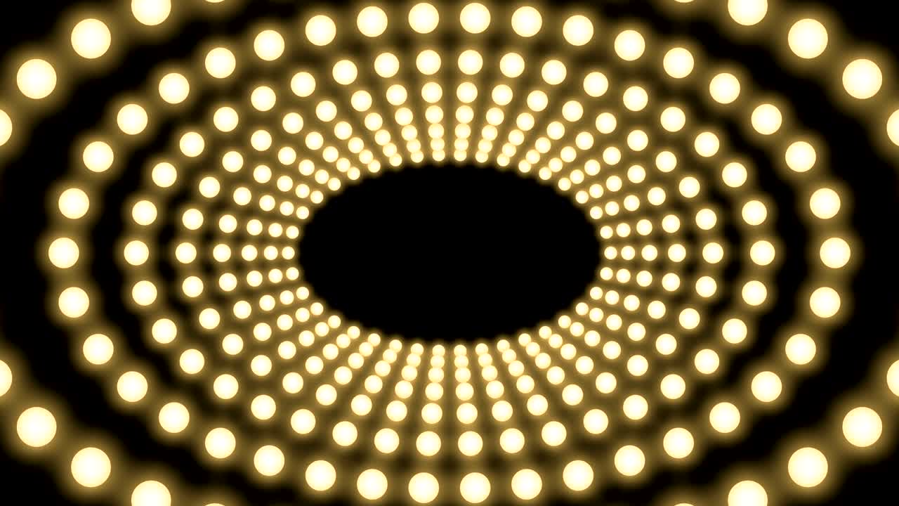 터널 전구 박스 프레임 타원형 모양의 움직이는 패턴, 레트로 3d 가상 스타일 일러스트레이션, 어두운 배경에서 반이는 원활한 루핑 애니메이션 4k, 복사 공간