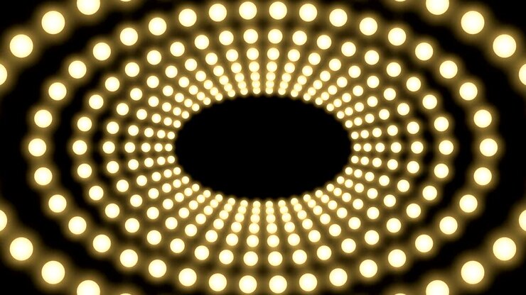 Tunnel Incandescent light bulb box frame oval shape moving pattern, retro 3D virtual style illustration glow in dark background seamless looping animation 4K, with copy space