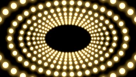 caja de bombilla incandescente de túnel marco de forma ovalada patrón móvil, estilo retro 3d ilustración de estilo virtual brillo en fondo oscuro animación de bucle sin costuras 4k, con espacio de copia