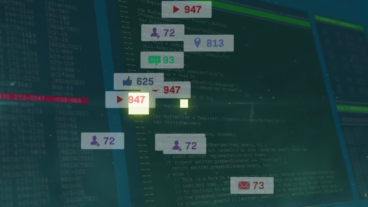 Animation of data processing and media icons on black background