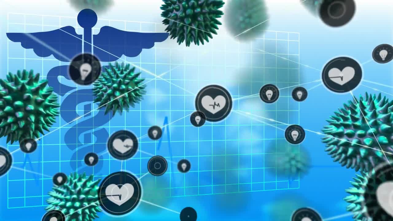 파란색 배경에서 그리드에 퍼지는 거대 코로나바이러스 코로나19 세포의 애니메이션