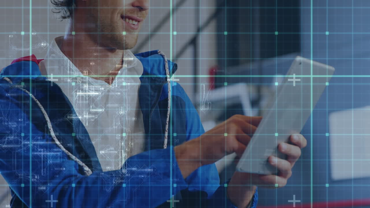 animación de la red de cuadrícula sobre el hombre caucásico usando tableta digital en la oficina