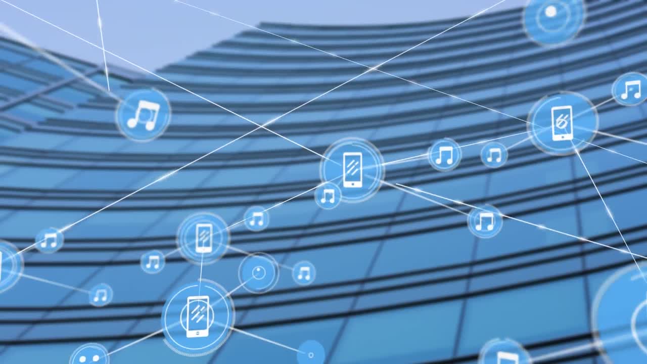 현대적인 사무실 건물 위의 아이콘과 연결 네트워크의 애니메이션