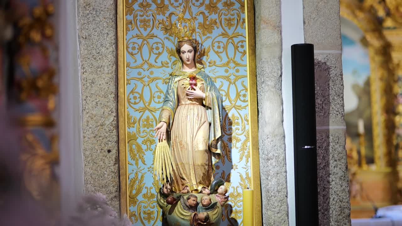 Saint Mary Statue on Altar Inside Portuguese Catholic Church – Religious Interior