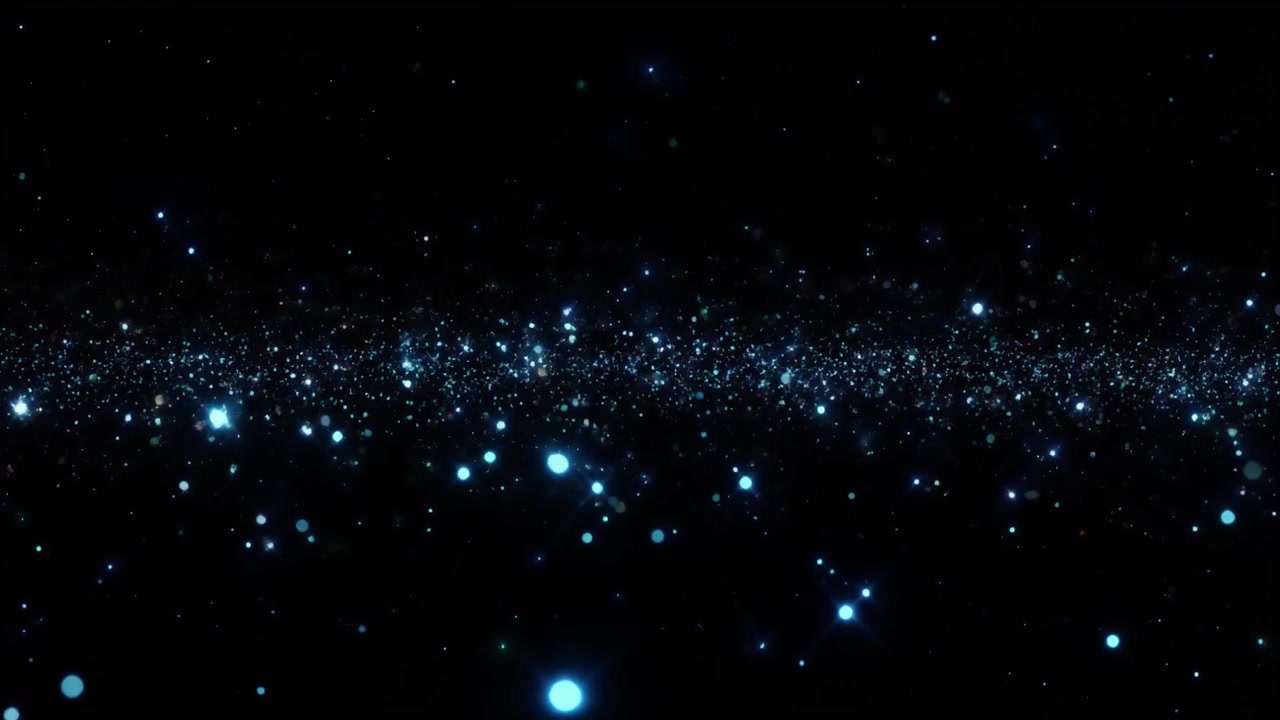抽象背景：藍色發光粒子於漆黑空間中飄浮