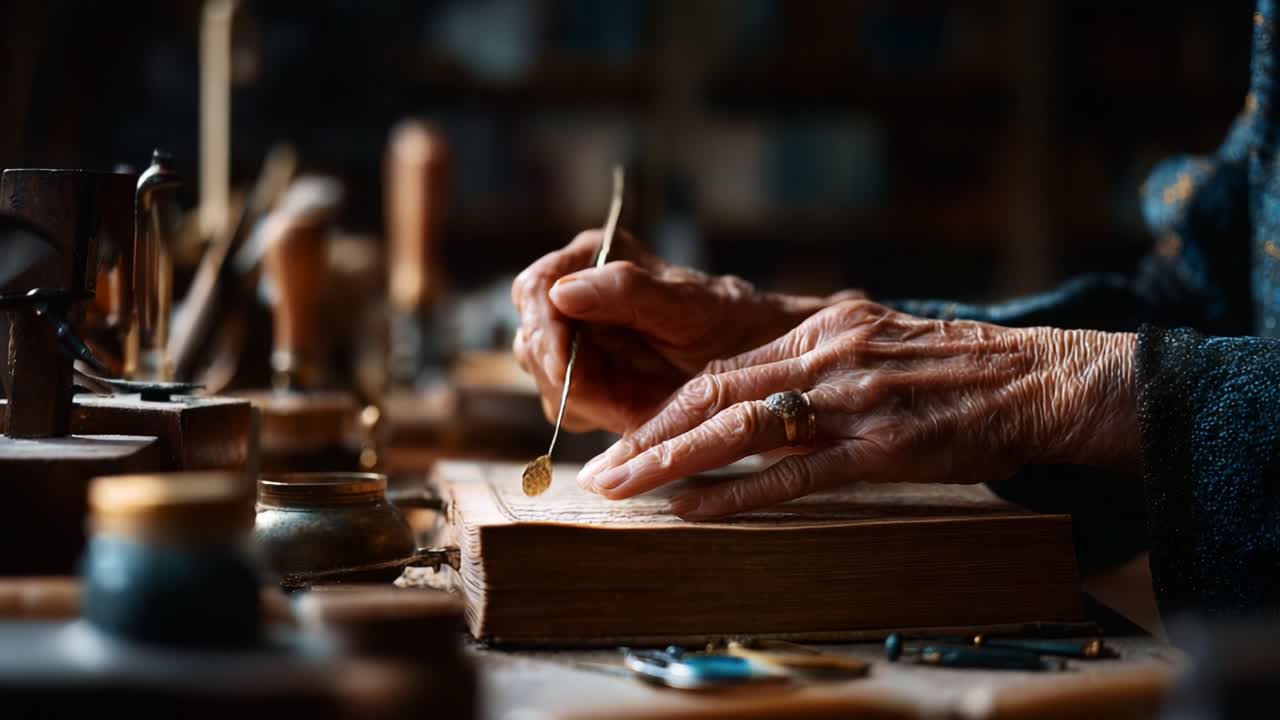 Capturing the Art of Craftsmanship: A Skilled Artisan Engaging in Intricate Handwork with Tools, Papers, and Knowledge in a Masterfully Organized Workshop Environment