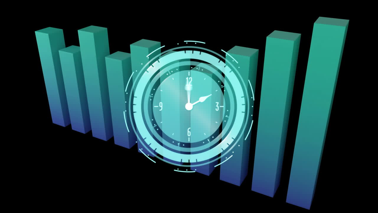 Animating clock and bar graph over black background