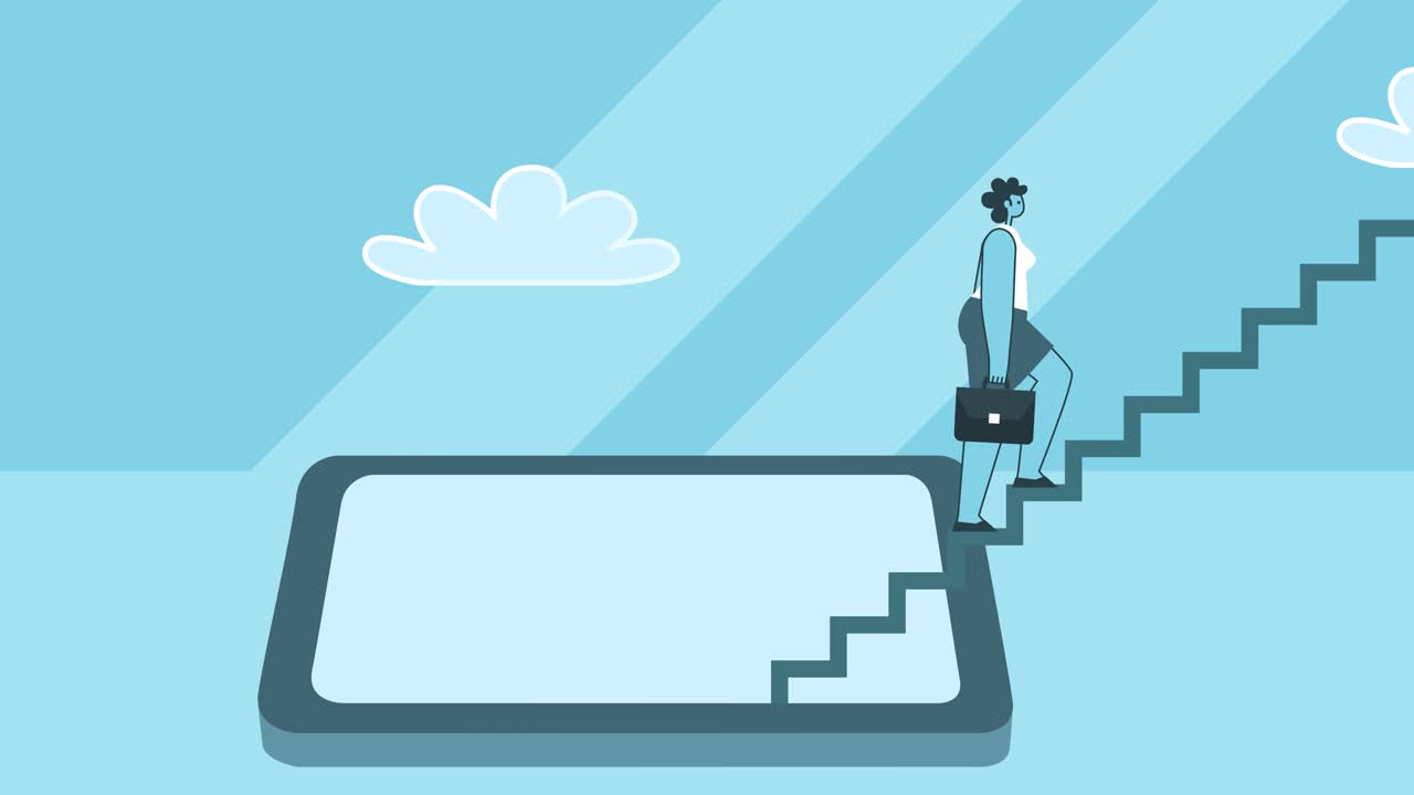 Businesswoman with Briefcase Climbing Stairs from Smartphone. Success and Business Concepts. Flat Design Cartoon Character Isolated Loop 2d Animation