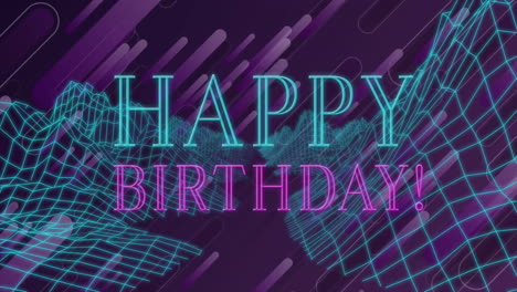 animation of happy birthday text over neon pattern background