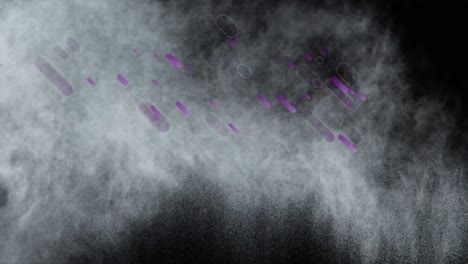 animation of purple light trails falling over white powder floating on black background