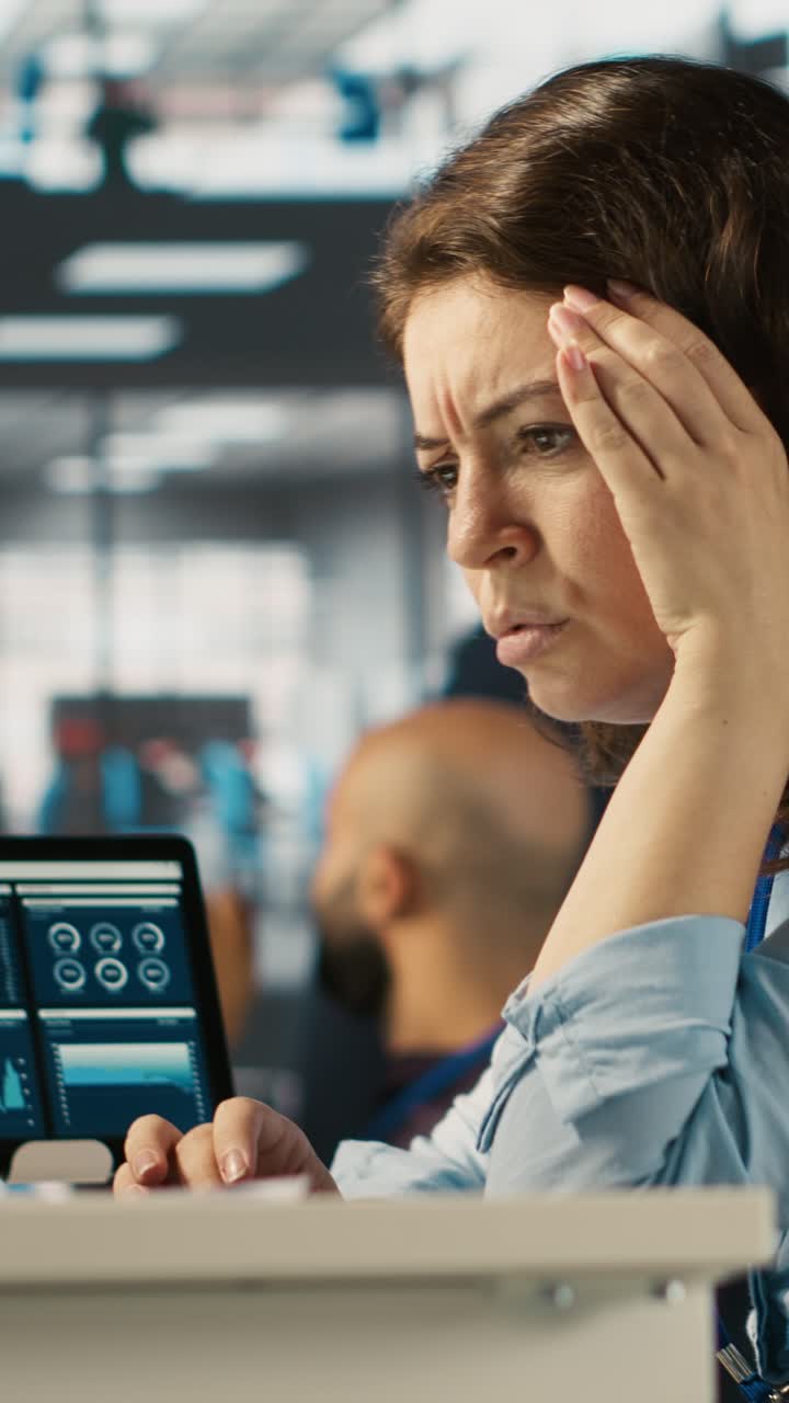 Vertical video Upset employee in office dejected by bad news after reading negative email