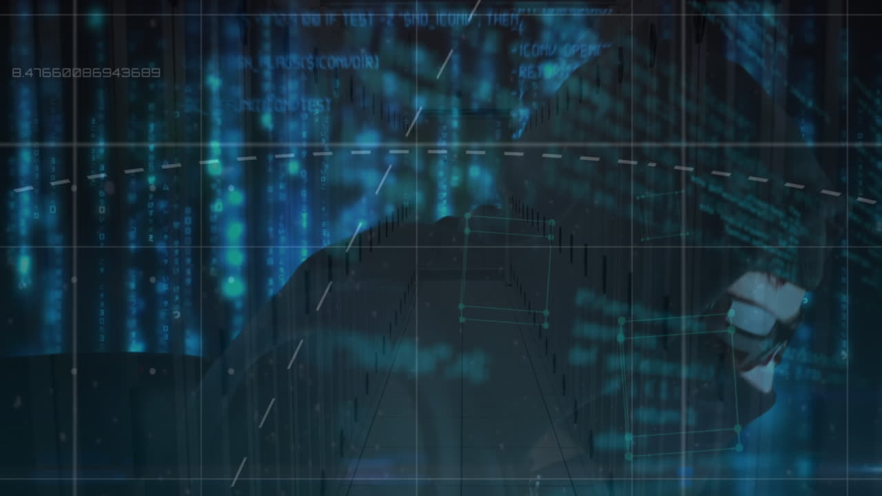 Animazione di elaborazione dati e di un hacker su una sala server.