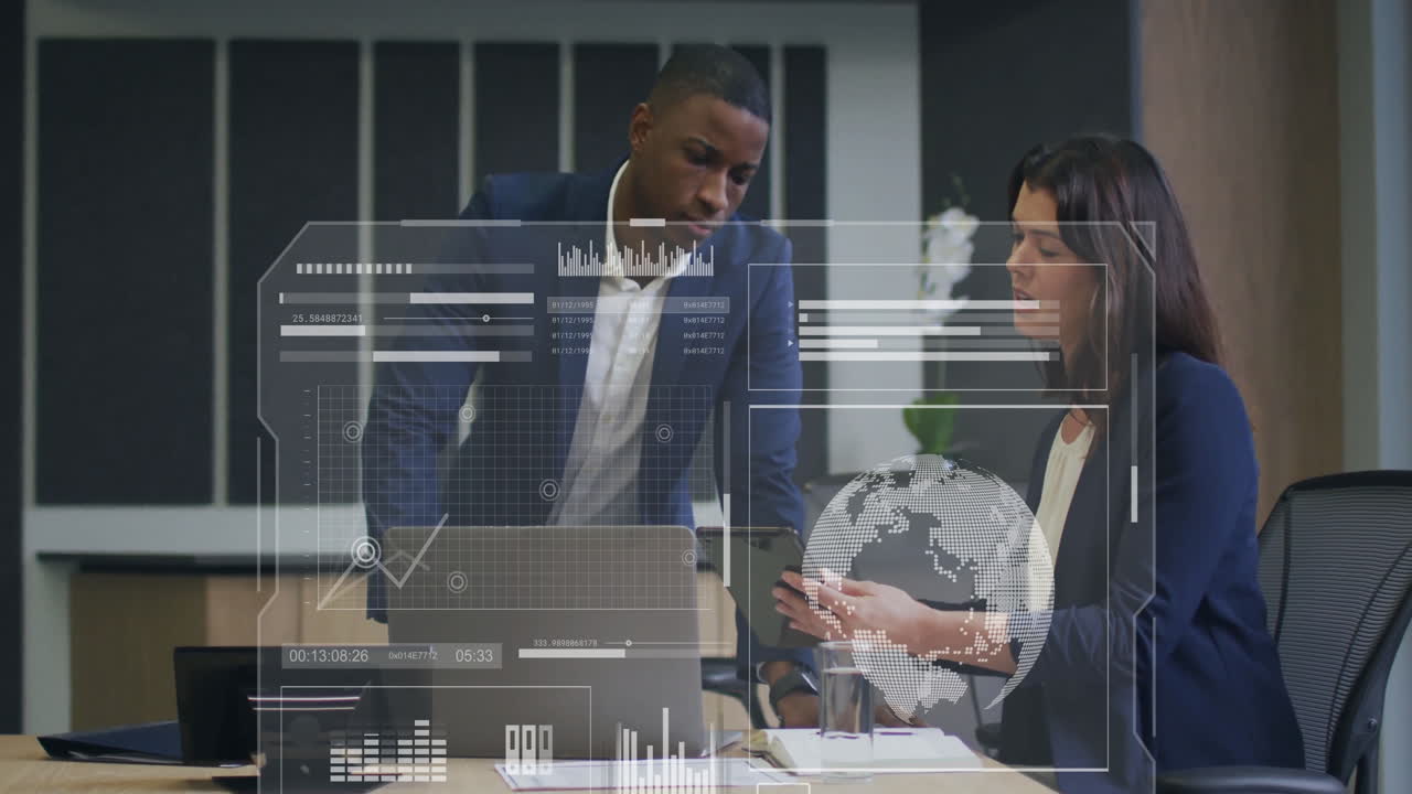 Animation of globe and data processing over diverse business people in office