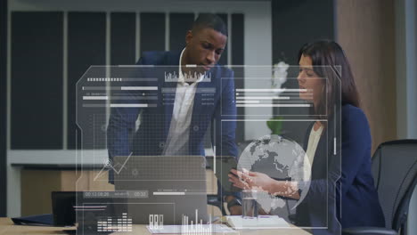animation of globe and data processing over diverse business people in office