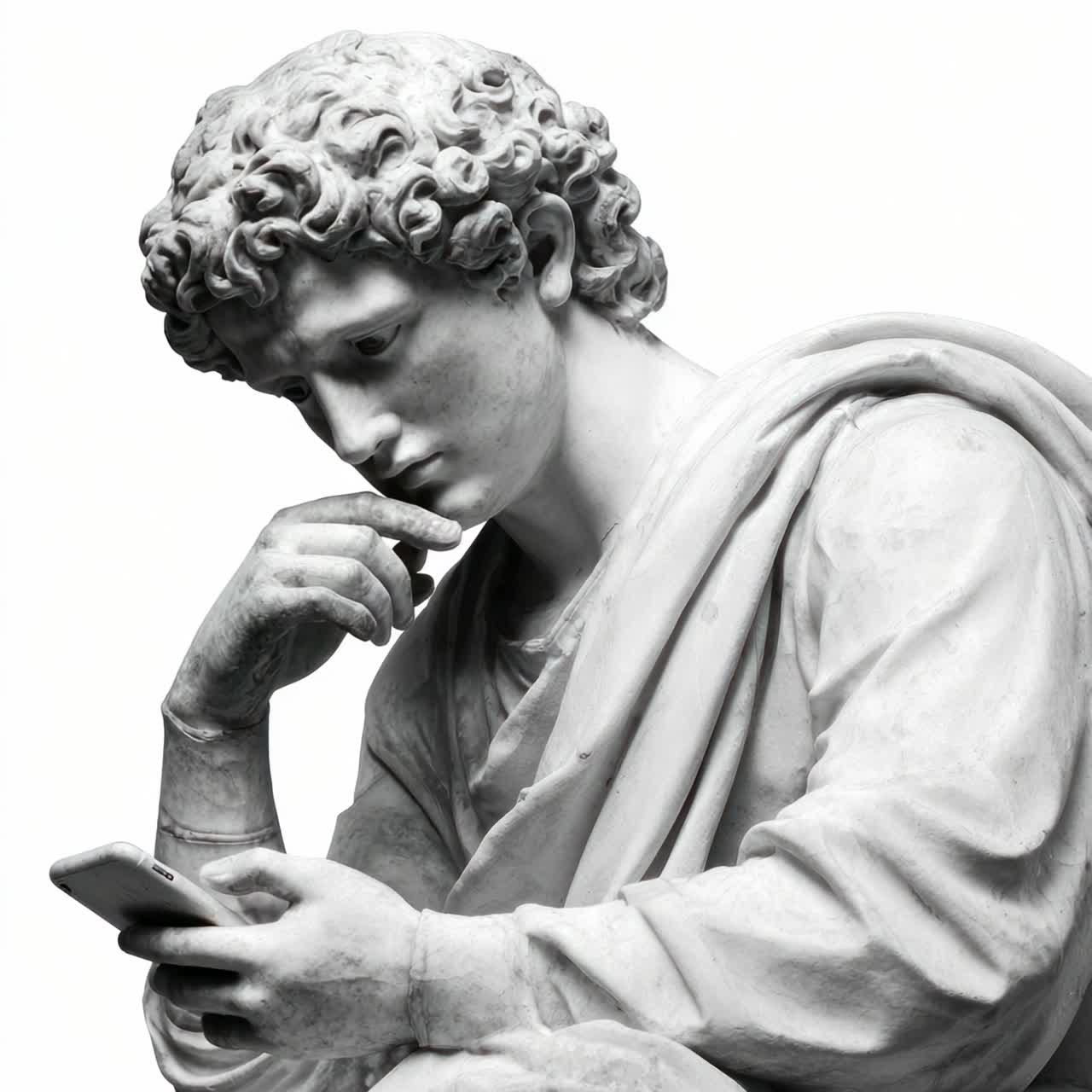 A classical statue holding a smartphone, shot from a side angle