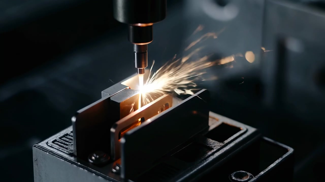 Movimento industriale di una testa di taglio cilindrica che lavora un pezzo d'acciaio bloccato in officina, sprigionando scintille luminose, calore incandescente e frammenti metallici affilati su macchinari scuri e superfici texturizzate.
