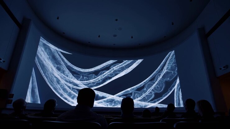 Layered translucent bands sweep across the illuminated curved display from frame to frame while seated viewers remain in silhouette beneath a dark ceiling, creating a cool blue-white focal scene.