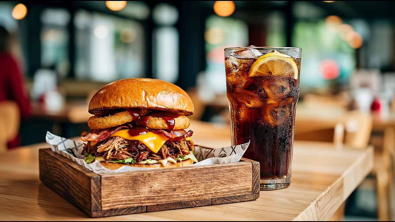Delicious Pulled Pork Burger with Bacon and Cold Soda