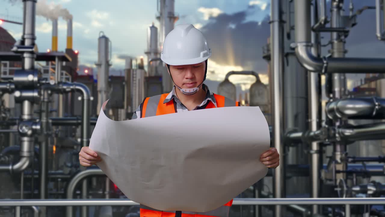 Asian Male Engineer With Safety Helmet Looking At Blueprint In His Hands And Looking Around While Standing In a Refinery, Oil Processing Equipment And Machinery