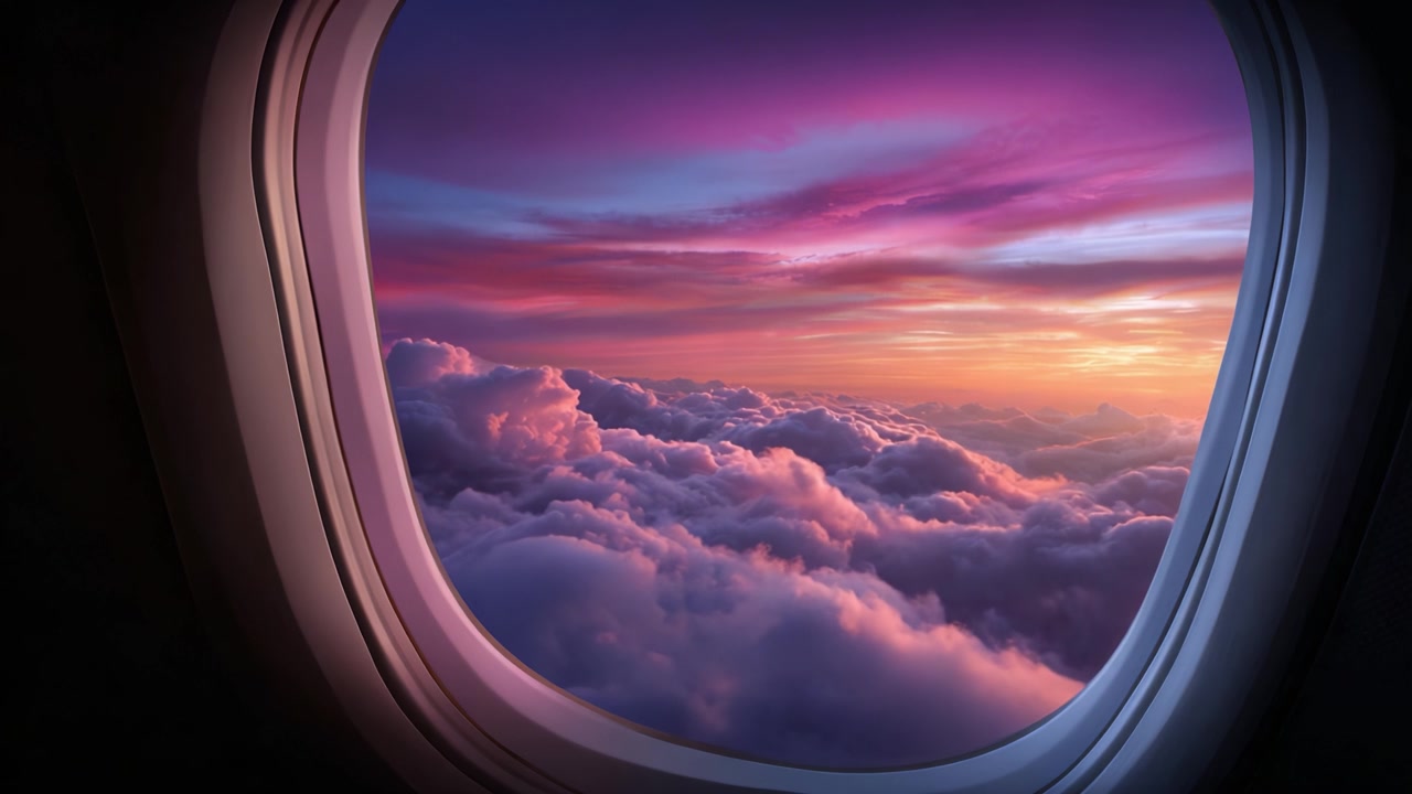 Una vista mozzafiato da un finestrino di un aereo al tramonto, che mostra nuvole vivaci e un cielo colorato, catturando l'essenza del viaggio e dell'avventura.
