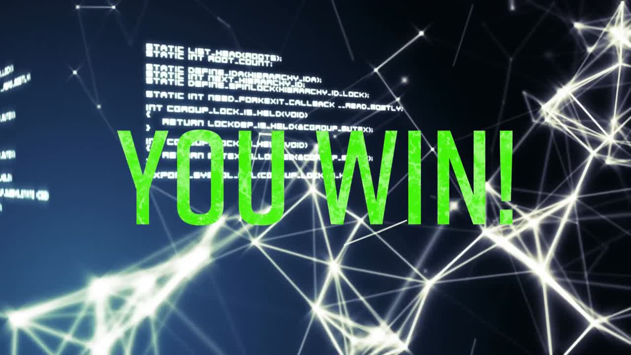 Animation of you win text in green letters over gata processing and network of connections