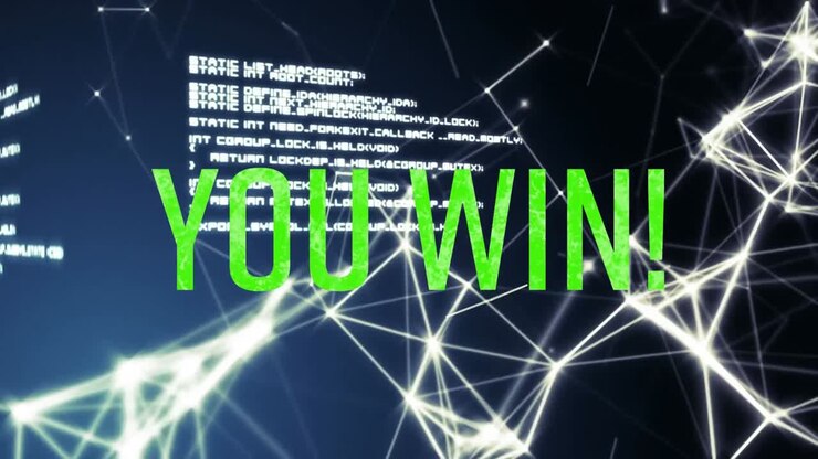 Animation of you win text in green letters over gata processing and network of connections