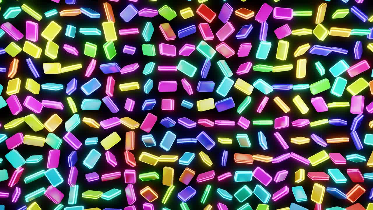 4k looped geometric background with neon light, multi color blocks like light bulbs with multicolor light. Beautiful motion design background with simple geometric shapes and neon light. VJ loop