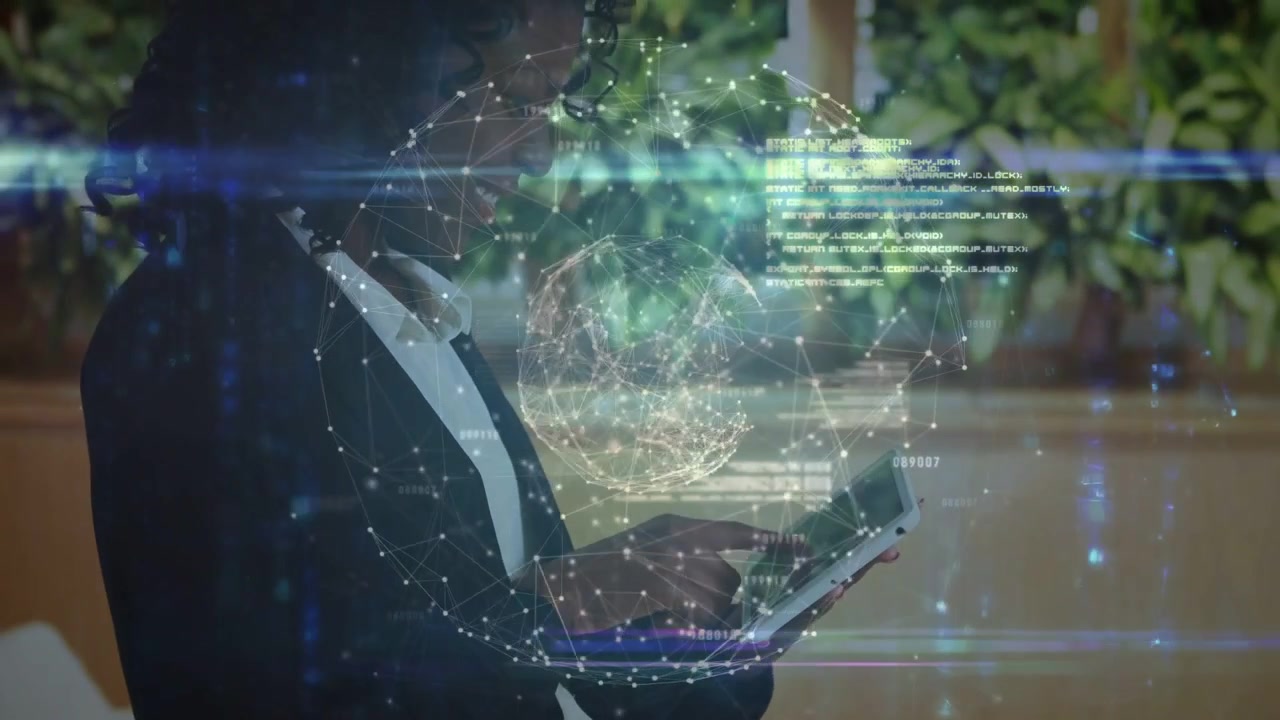 Lifting tablet, woman in suit tapping at office lounge, activating AR globe to analyze network data