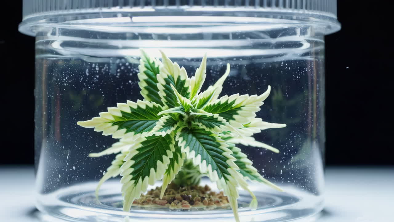Variegated Cannabis Plant in a Transparent Container