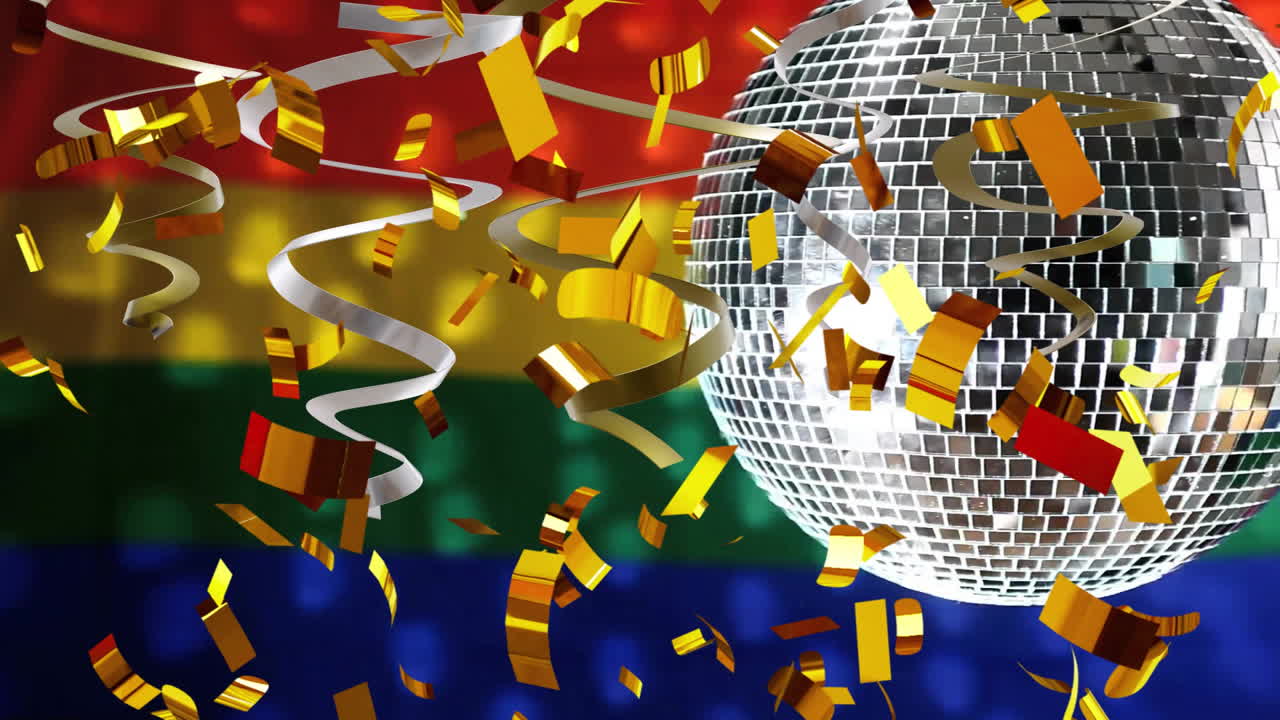 다채로운 배경 위에 디스코 공과 콘페티 애니메이션