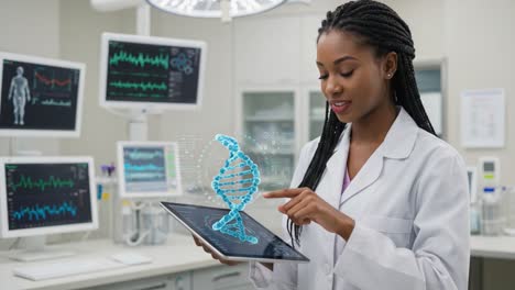 a scientist engaged in dna analysis and research: exploring genetic science with advanced technology and digital visualization tools in a laboratory setting
