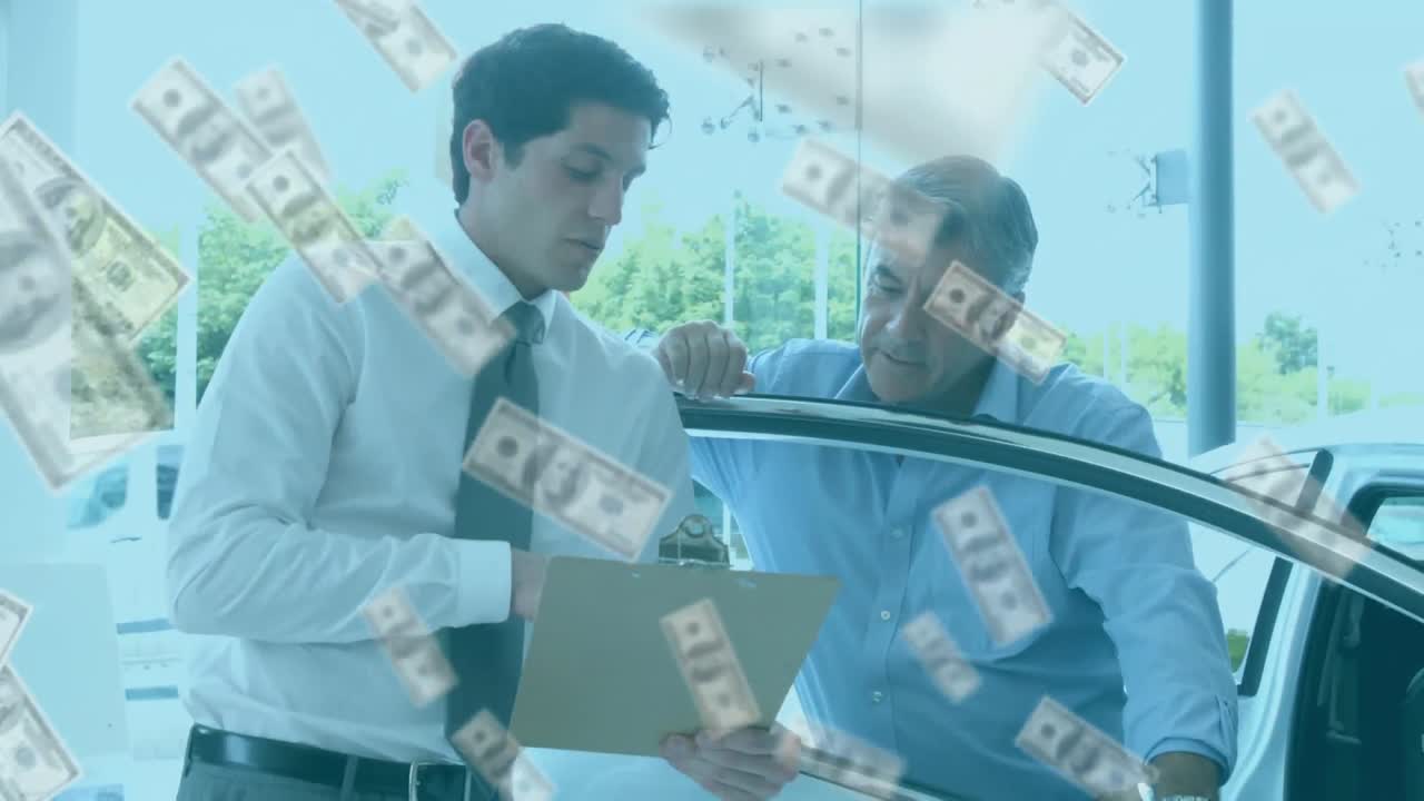 미국 달러 지폐가 떠다니는 카우카시안 남자와 고위 카우카시안 남자들의 애니메이션