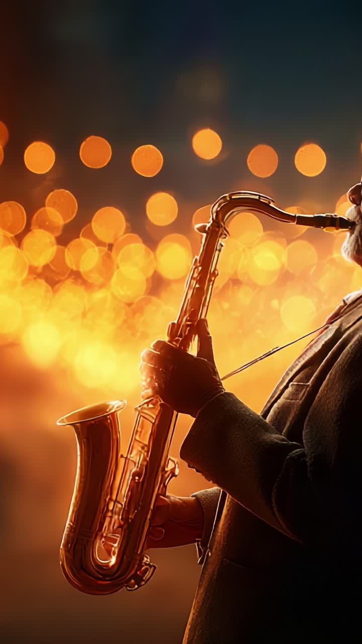 Podmanivé vystoupení saxofonisty hrajícího pod baldachýnem jemných, zářících světel, které ztělesňuje ducha hudby a rytmu v okouzlující noční scéně