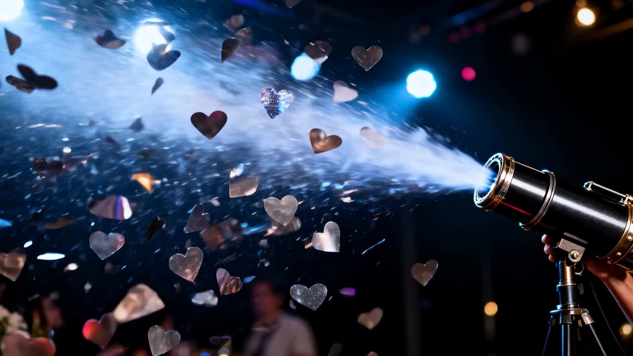 Firing operator's hand on confetti cannon sending heart confetti and mist across reception, bokeh