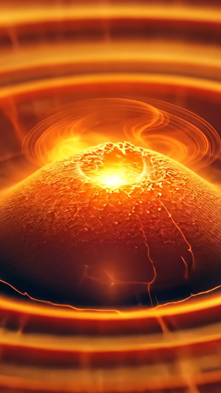 Vertical video: Dome heating sparking rings pulsing molten core in dark field, with plasma swirls