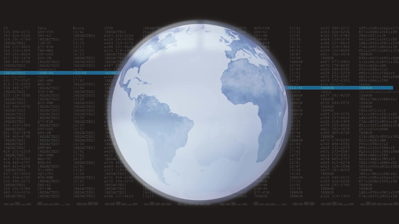 Animation of spinning globe over data processing against black background