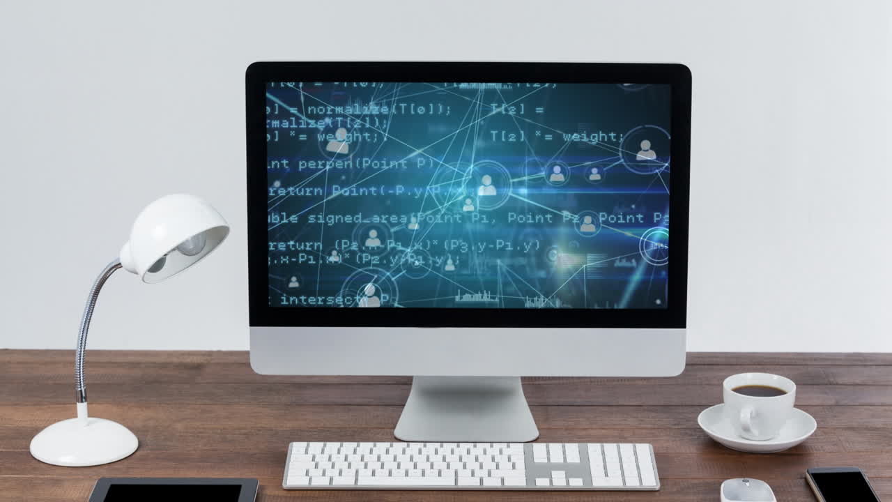 animación de la red de conexiones y procesamiento de datos a través de una pantalla de ordenador