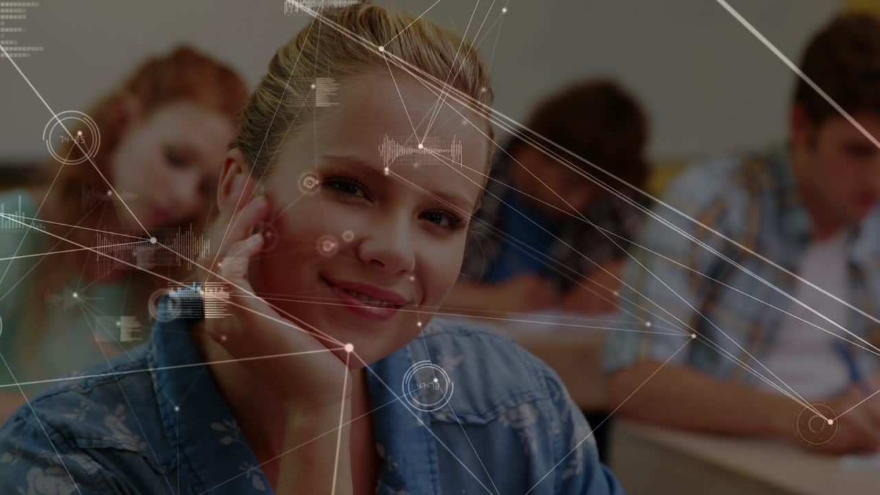 수업 중에 백인 여성 학생에 대한 데이터와 연결의 애니메이션