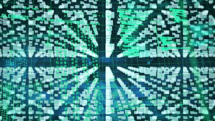 Animation of data processing and online security padlock over grid