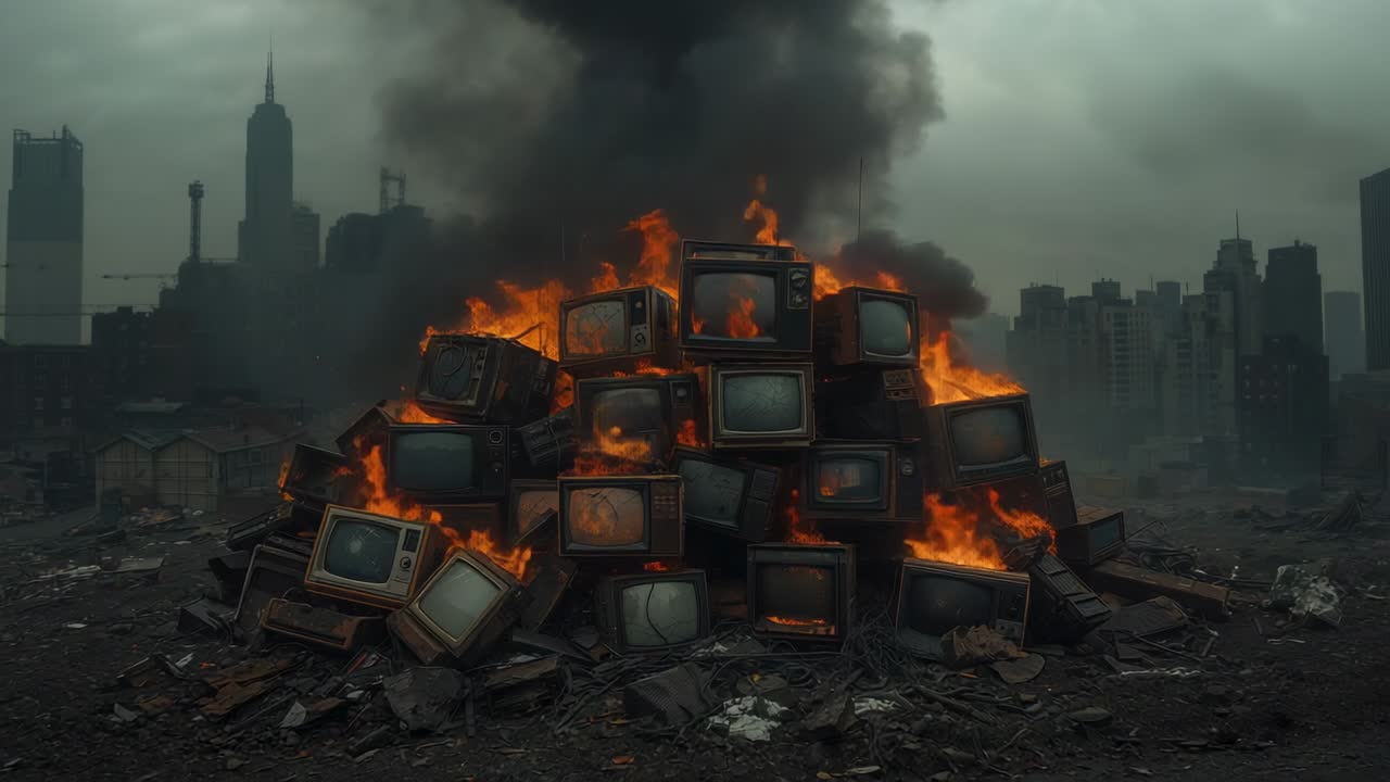 Catching fire, stack of CRT TVs amid scrapyard lot debris, spreading flames and rising black smoke