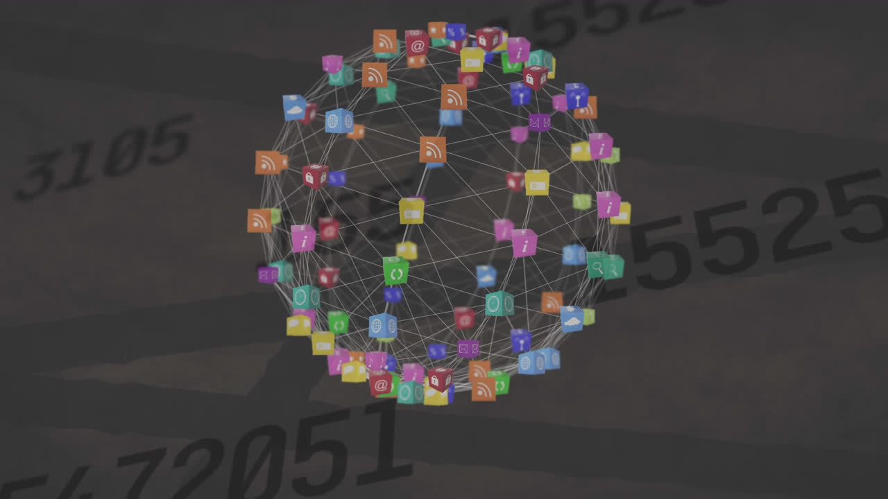 animación de la red de conexiones y procesamiento de datos sobre fondo negro