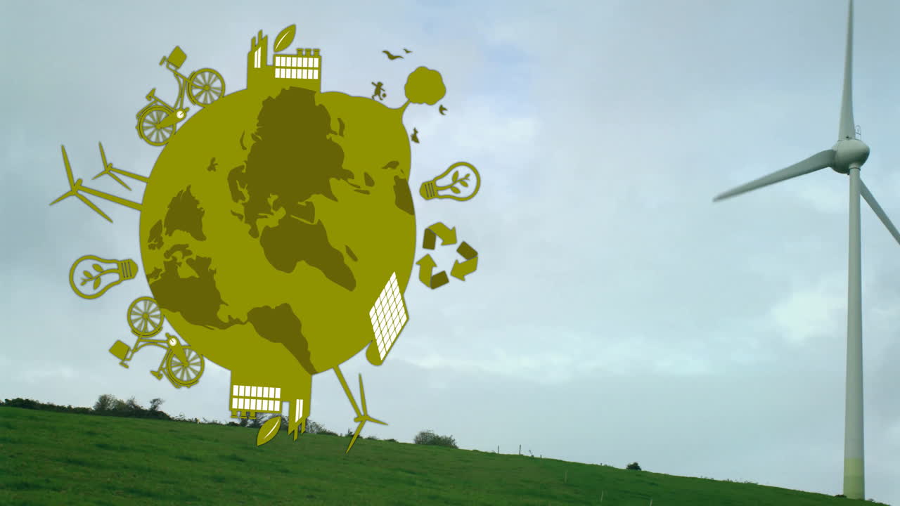 animación del planeta tierra con símbolos de energía y ecología sobre la turbina eólica en un cielo nublado