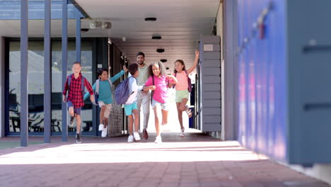 running towards school entrance, children excited with back to school animation