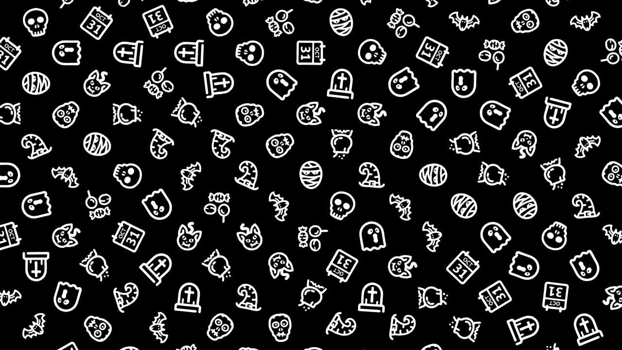 los iconos de halloween, el bucle de animación, el fondo de patrón sin costuras, los pequeños iconos de halloween giran lentamente sobre un fondo negro