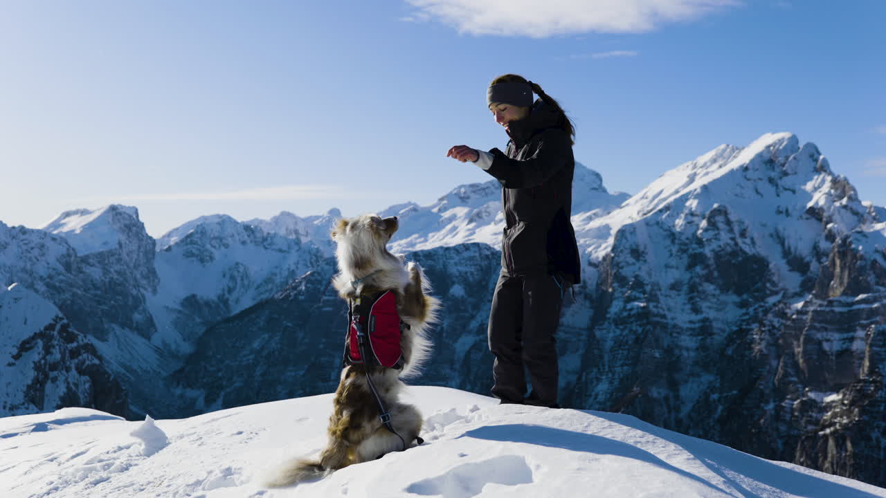 Woman and dog hiking in snowy mountains