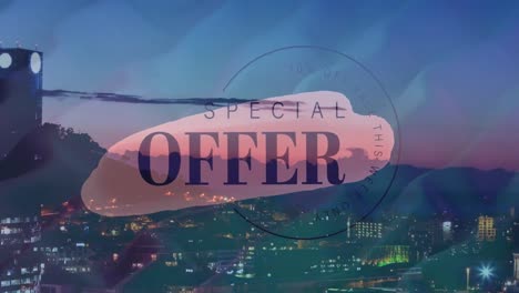 digital composition of special offer text banner against aerial view of night cityscape