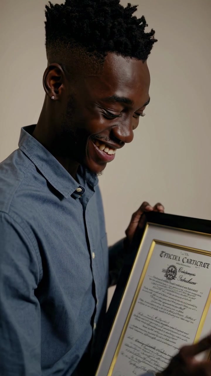 Proud Young Black Man Smiling with Framed Certificate