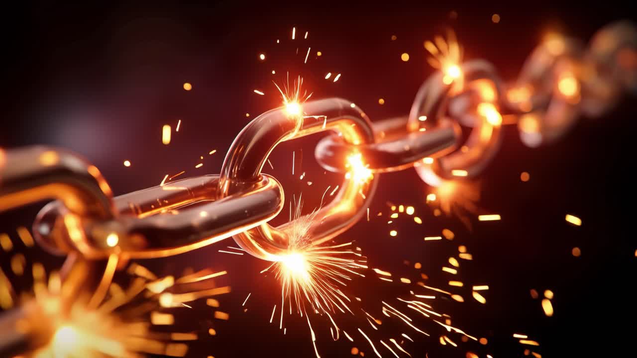 Una catena di metallo scintilla intensamente su sfondo scuro. Scintille luminose volano dagli anelli che si rompono. Immagini potenti suggeriscono forza, potenza o resistenza. Ideale per concetti di business, sicurezza o resilienza.